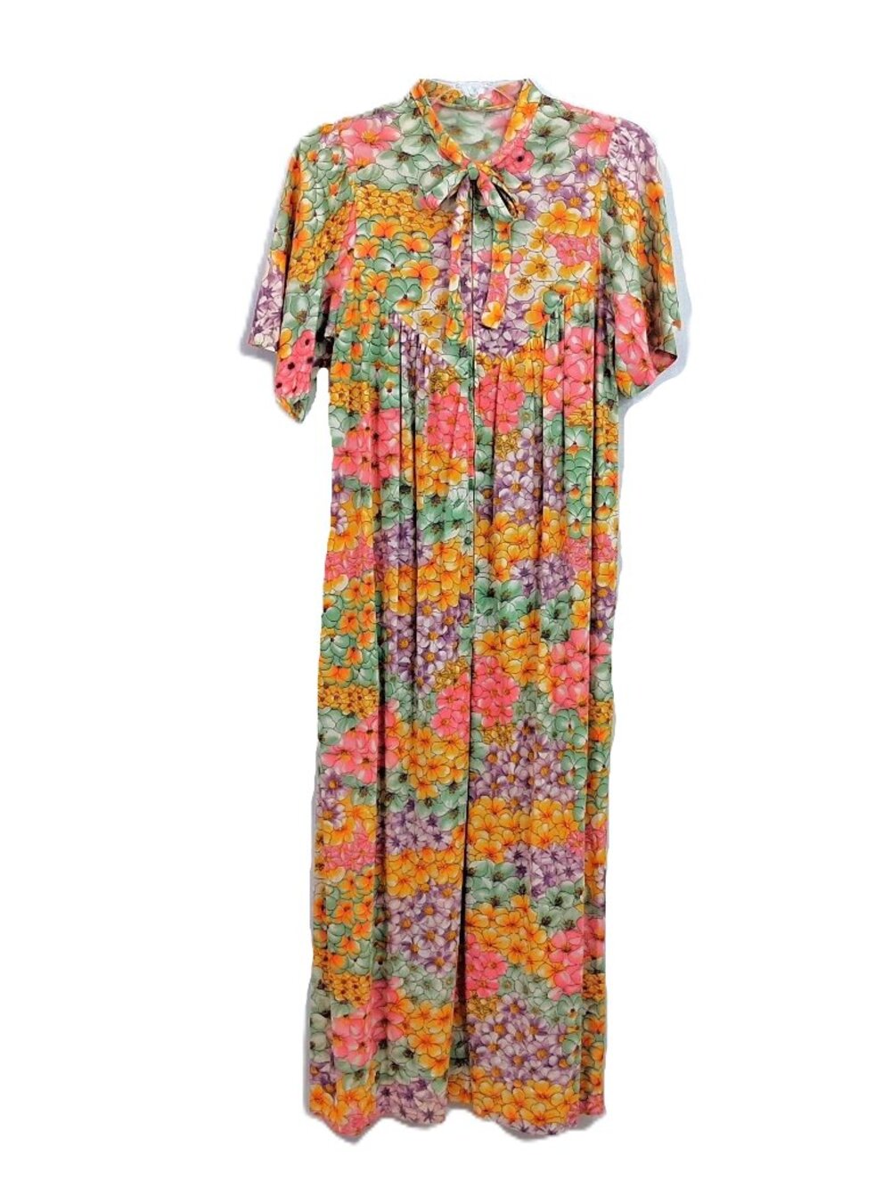 Vintage 60s 70s Floral Dress Tie Neck Pocket Summer Maxi Dress Sz S, Sz M